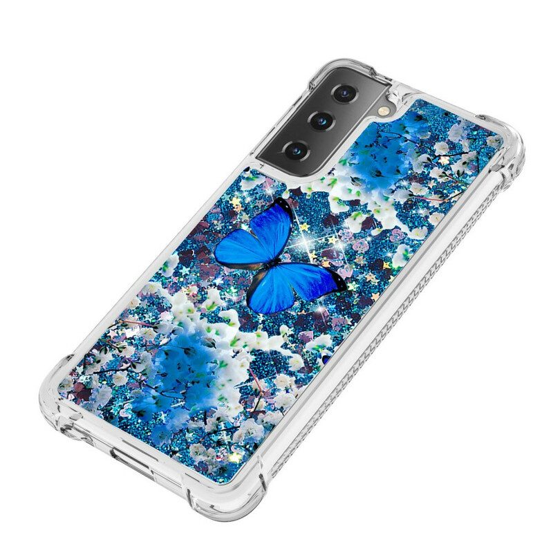 Cover Samsung Galaxy S21 5G Farfalle Blu Glitterate