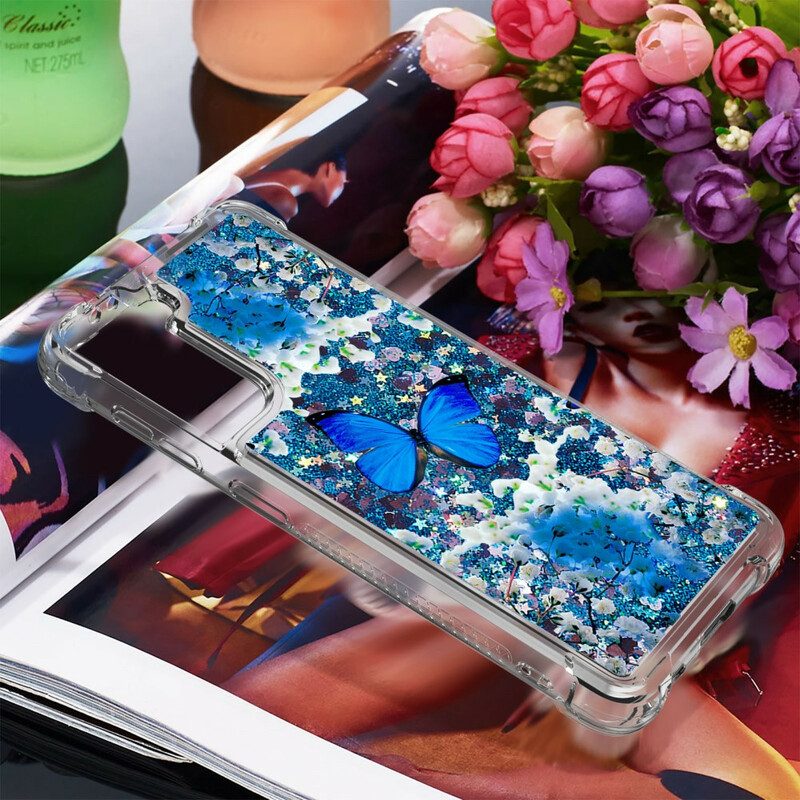 Cover Samsung Galaxy S21 5G Farfalle Blu Glitterate