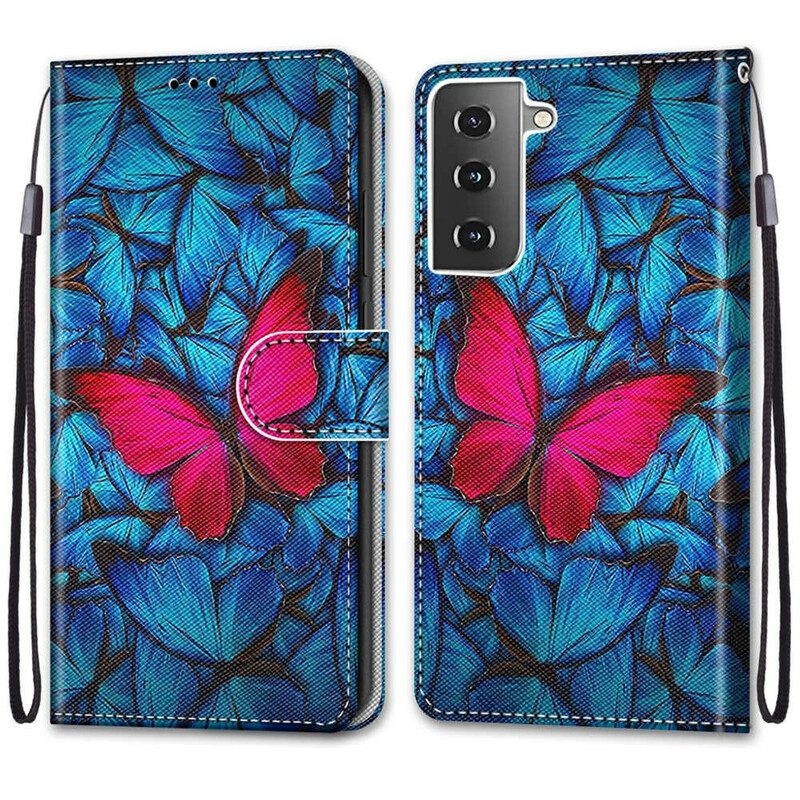 Custodia in pelle Samsung Galaxy S21 5G Farfalla Rossa Sfondo Blu