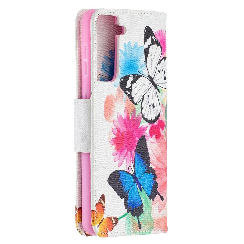 Custodia in pelle Samsung Galaxy S21 5G Farfalle E Fiori Dipinti