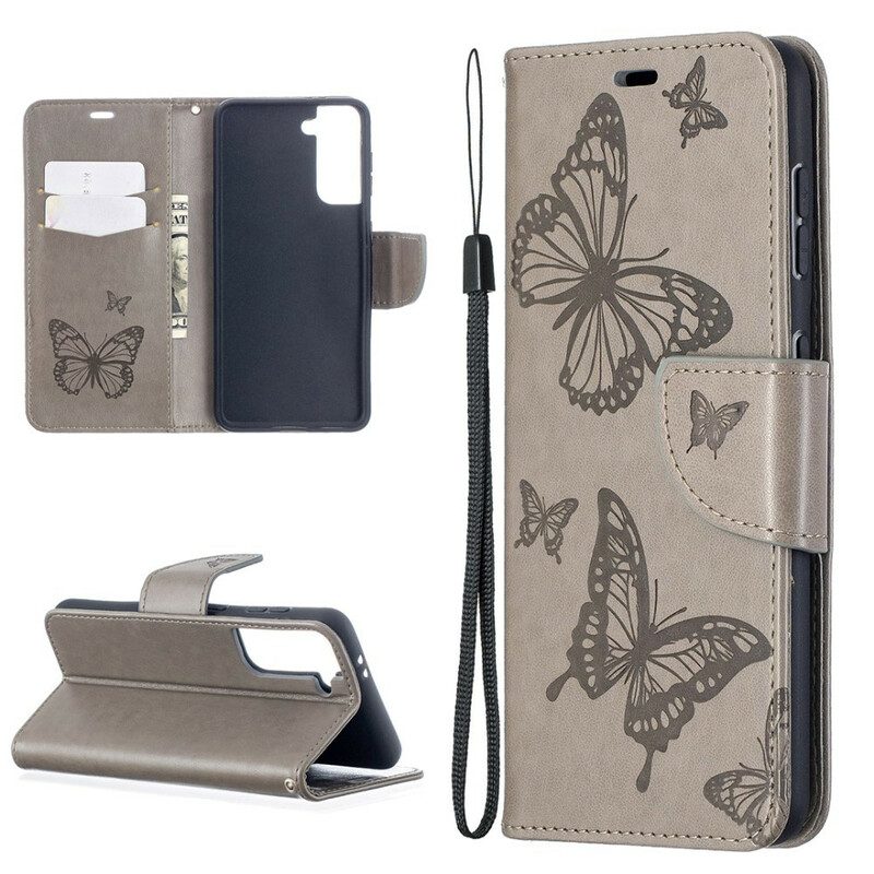 Custodia in pelle Samsung Galaxy S21 5G Farfalle In Volo Con Cordino