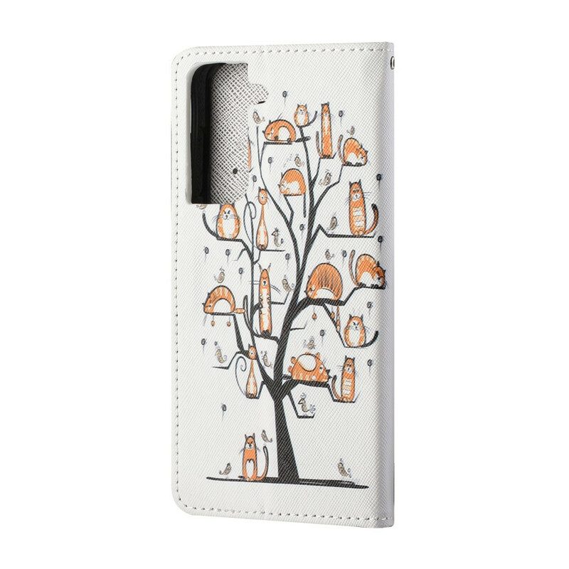 Custodia in pelle Samsung Galaxy S21 5G Gatti Funky Con Cinturino