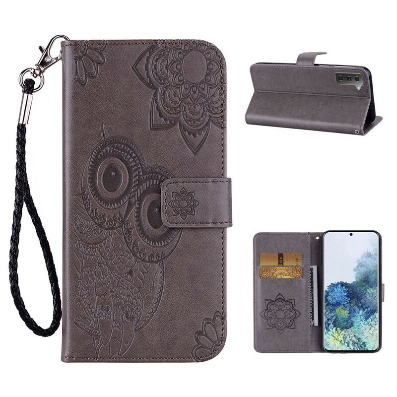 Custodia in pelle Samsung Galaxy S21 5G Gufo Mandala E Cordino