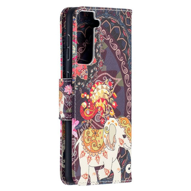 Custodia in pelle Samsung Galaxy S21 5G Mandala Di Elefanti Etnici