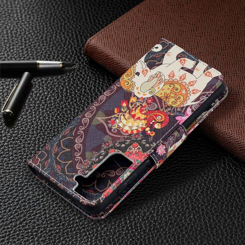 Custodia in pelle Samsung Galaxy S21 5G Mandala Di Elefanti Etnici