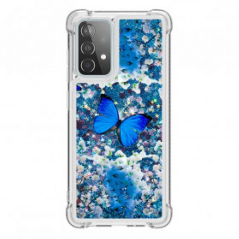 Cover Samsung Galaxy A52 4G / A52 5G / A52s 5G Farfalle Blu Glitterate