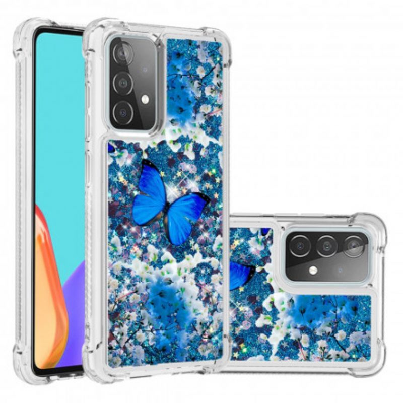 Cover Samsung Galaxy A52 4G / A52 5G / A52s 5G Farfalle Blu Glitterate