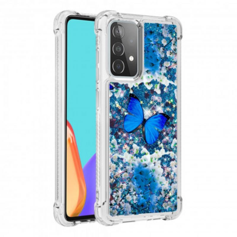 Cover Samsung Galaxy A52 4G / A52 5G / A52s 5G Farfalle Blu Glitterate