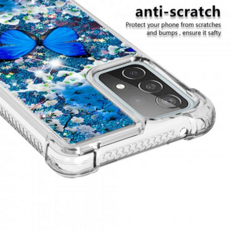 Cover Samsung Galaxy A52 4G / A52 5G / A52s 5G Farfalle Blu Glitterate