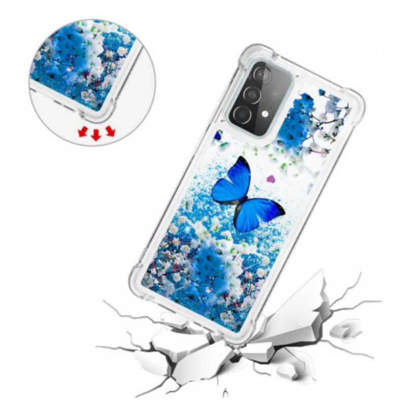 Cover Samsung Galaxy A52 4G / A52 5G / A52s 5G Farfalle Blu Glitterate