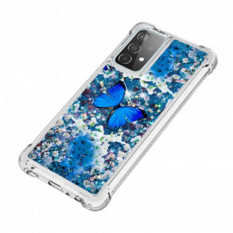 Cover Samsung Galaxy A52 4G / A52 5G / A52s 5G Farfalle Blu Glitterate