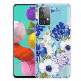 Cover Samsung Galaxy A52 4G / A52 5G / A52s 5G Fiori Blu Dell'acquerello Senza Soluzione Di Continuità