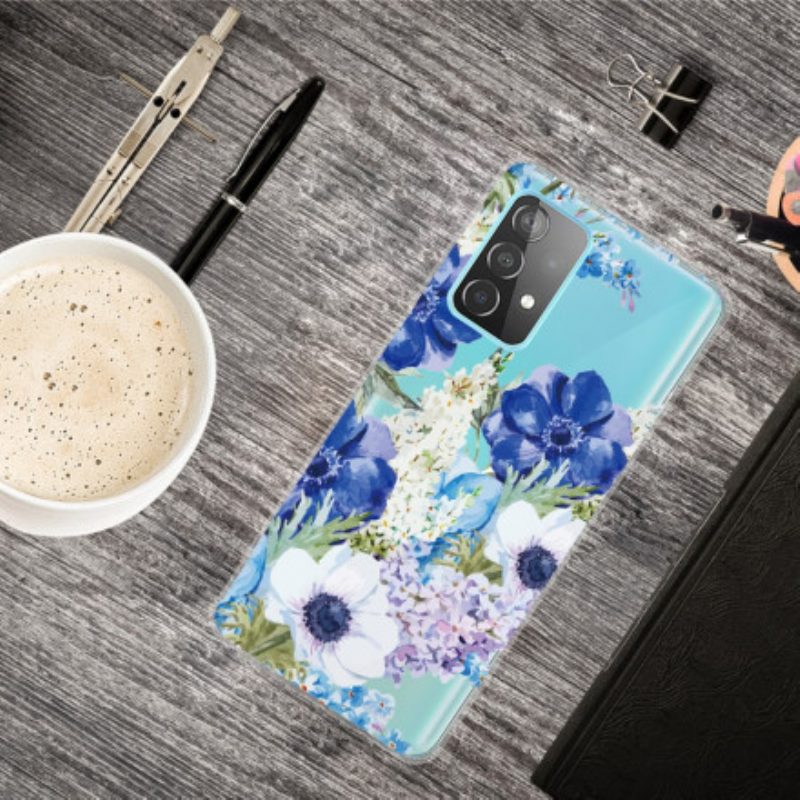 Cover Samsung Galaxy A52 4G / A52 5G / A52s 5G Fiori Blu Dell'acquerello Senza Soluzione Di Continuità