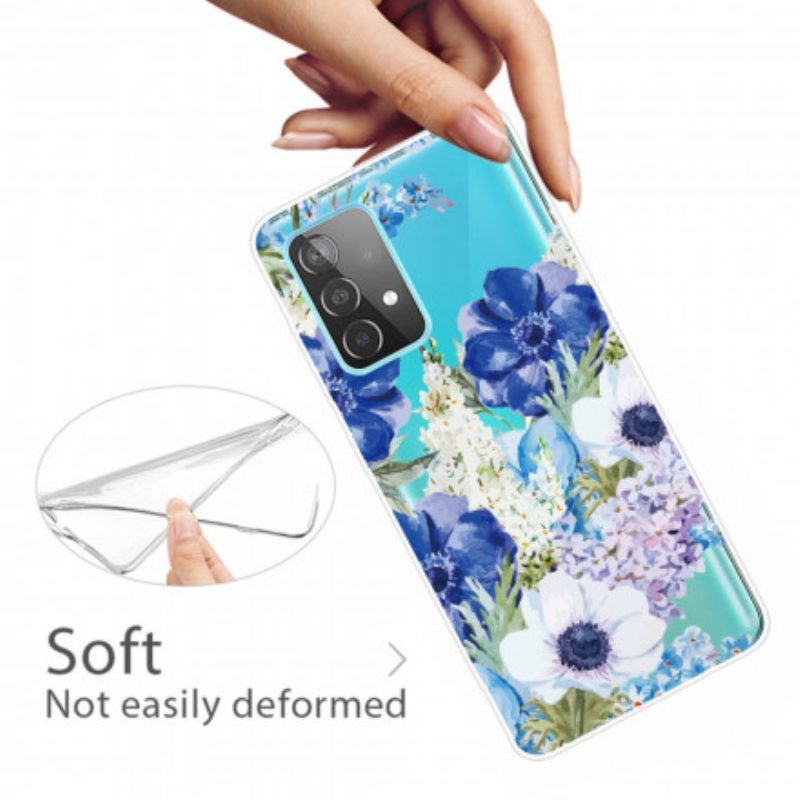 Cover Samsung Galaxy A52 4G / A52 5G / A52s 5G Fiori Blu Dell'acquerello Senza Soluzione Di Continuità