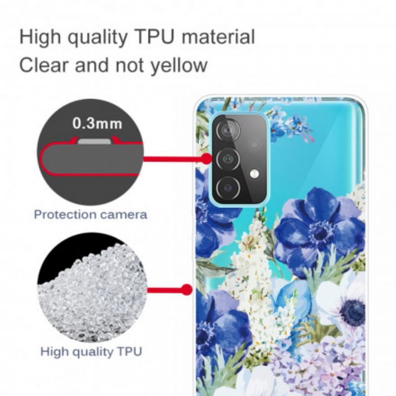 Cover Samsung Galaxy A52 4G / A52 5G / A52s 5G Fiori Blu Dell'acquerello Senza Soluzione Di Continuità