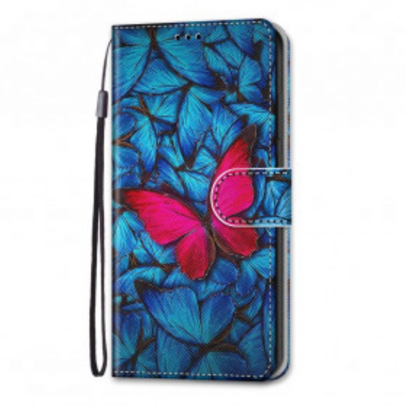 Folio Cover Xiaomi Redmi 10 Farfalla Rossa Sfondo Blu