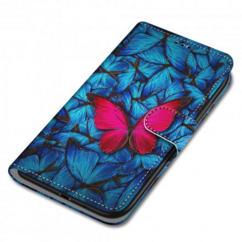 Folio Cover Xiaomi Redmi 10 Farfalla Rossa Sfondo Blu