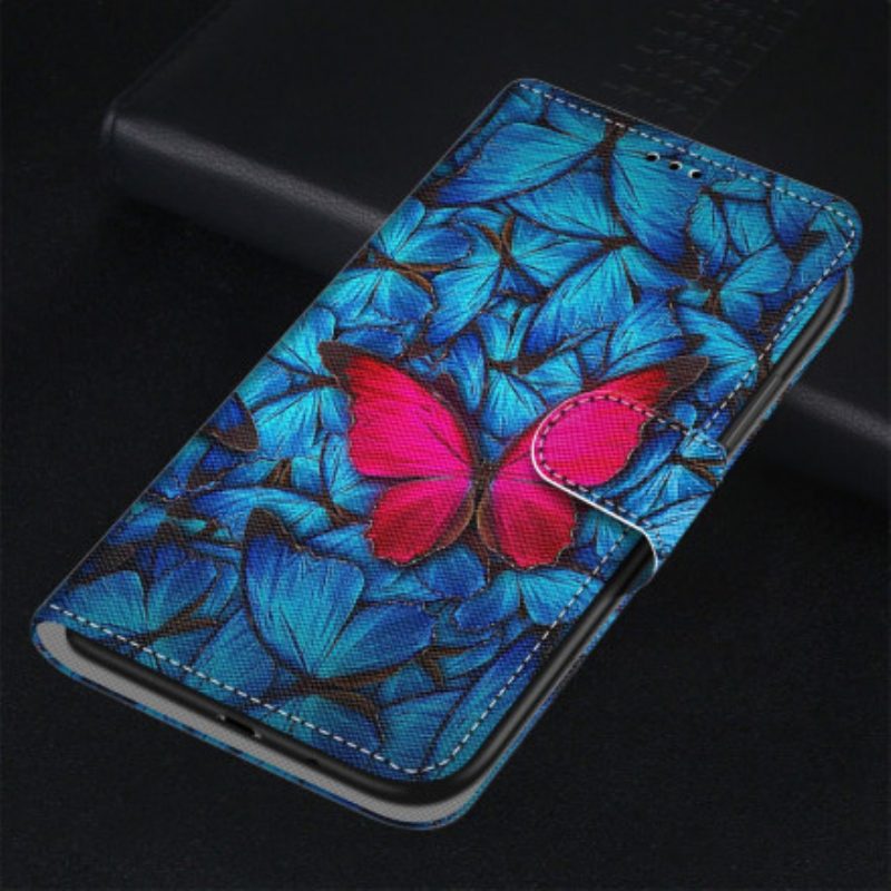 Folio Cover Xiaomi Redmi 10 Farfalla Rossa Sfondo Blu