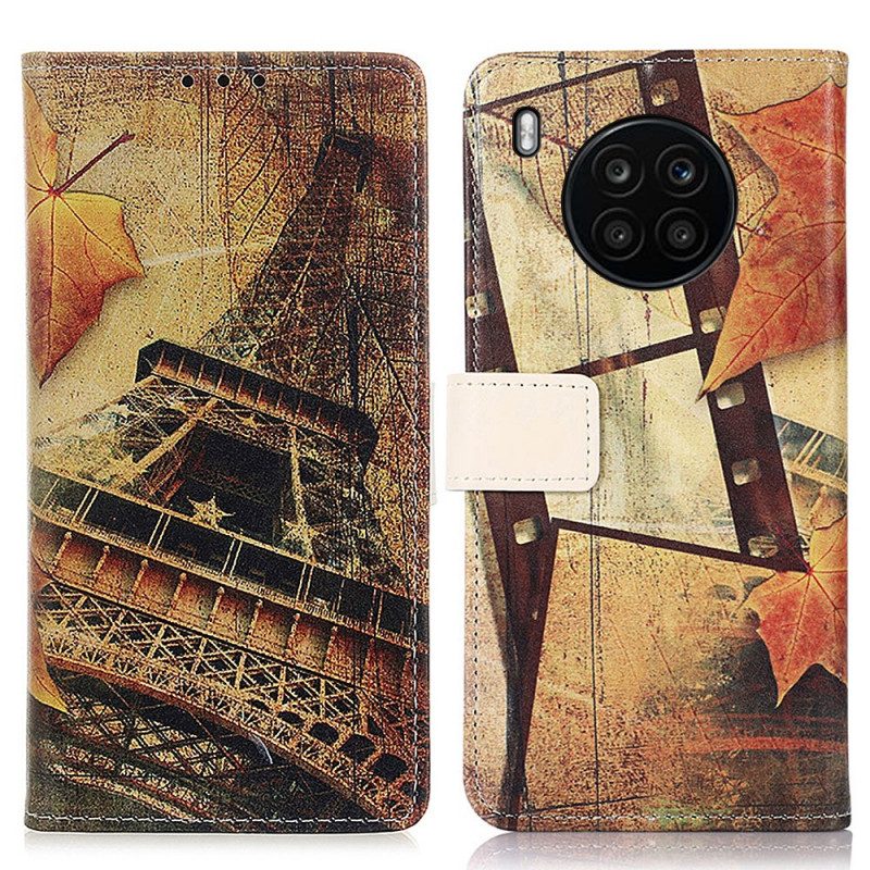 Custodia in pelle Honor 50 Lite Torre Eiffel In Autunno