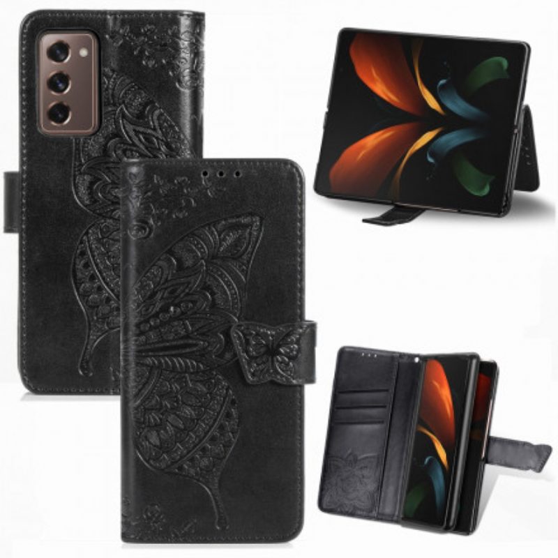 Custodia in pelle Samsung Galaxy Z Fold 2 Design A Farfalla Con Cordino