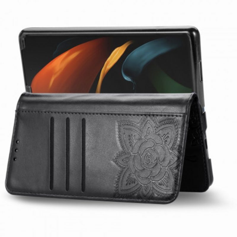 Custodia in pelle Samsung Galaxy Z Fold 2 Design A Farfalla Con Cordino