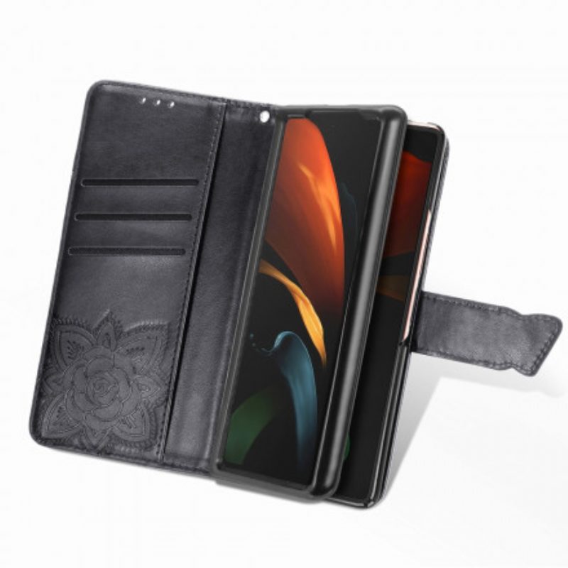 Custodia in pelle Samsung Galaxy Z Fold 2 Design A Farfalla Con Cordino