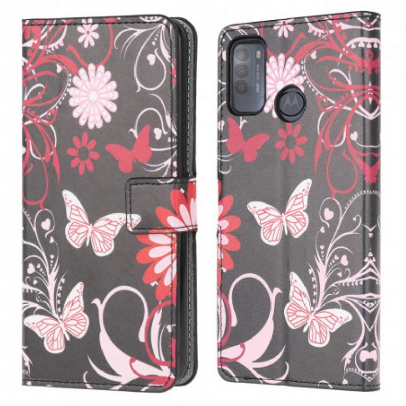 Custodia in pelle Moto G50 Farfalle E Fiori