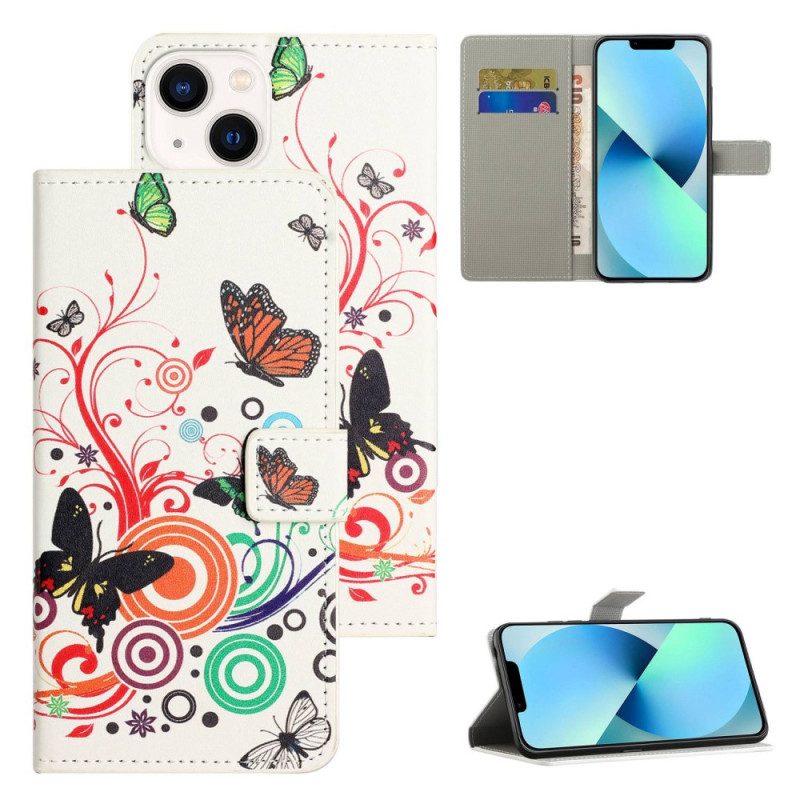 Custodia in pelle iPhone 14 Farfalle