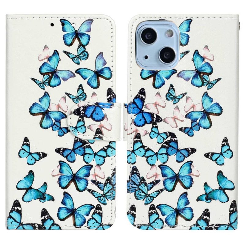 Custodia in pelle iPhone 14 Farfalle In Volo