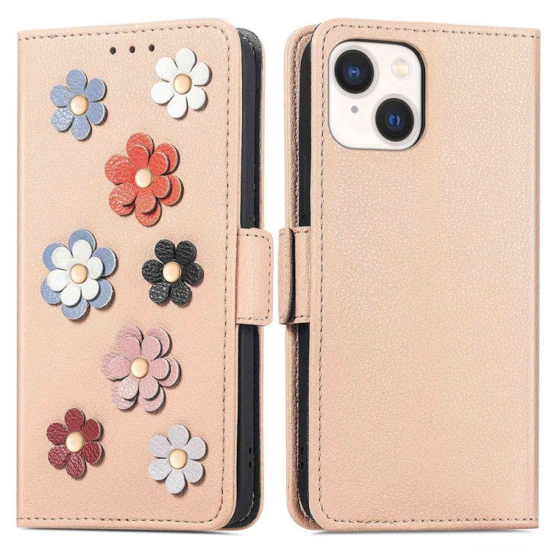 Custodia in pelle iPhone 14 Fiori Decorativi