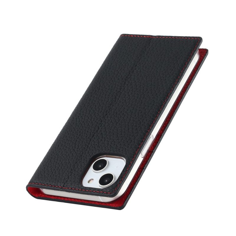 Folio Cover iPhone 14 Custodia in pelle Cinturino In Vera Pelle Di Litchi