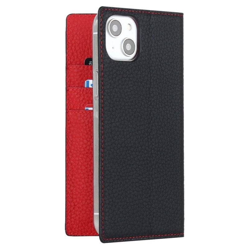 Folio Cover iPhone 14 Custodia in pelle Cinturino In Vera Pelle Di Litchi