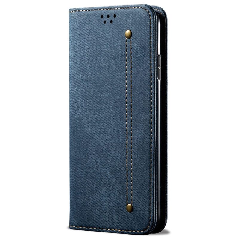 Folio Cover iPhone 14 Custodia in pelle Tessuto Denim