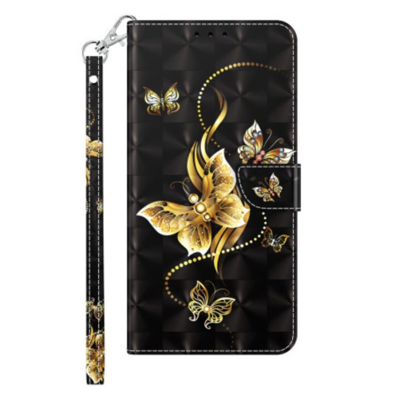 Folio Cover iPhone 14 Farfalle Dorate Con Cinturino