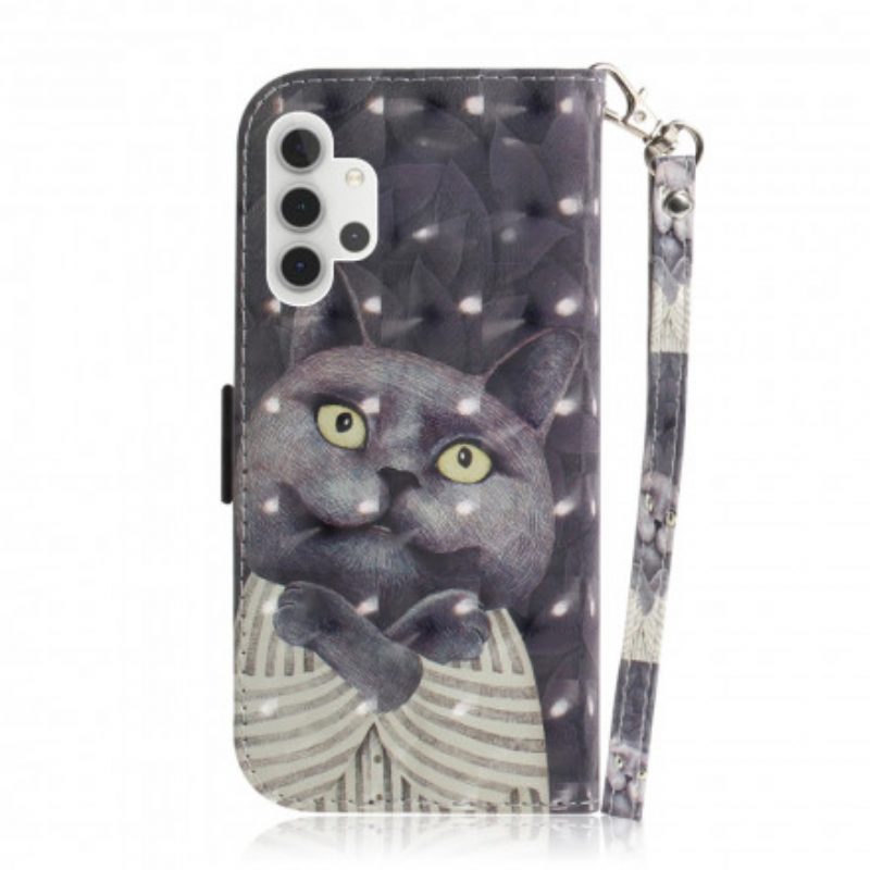 Custodia in pelle Samsung Galaxy A32 5G Gatto Grigio Con Cinturino