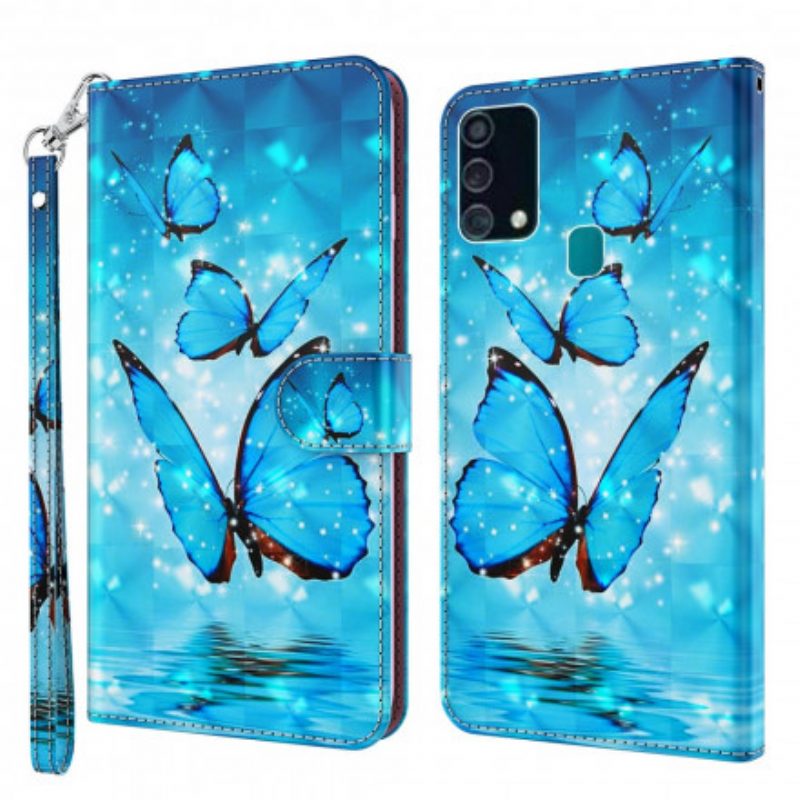 Custodia in pelle Samsung Galaxy A32 5G Punto Luminoso Farfalle Blu Volanti