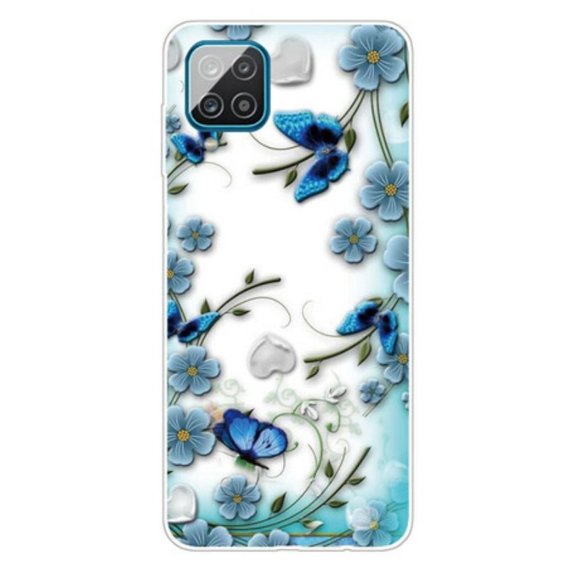 Cover Samsung Galaxy M12 / A12 Farfalle E Fiori Retrò Senza Soluzione Di Continuità