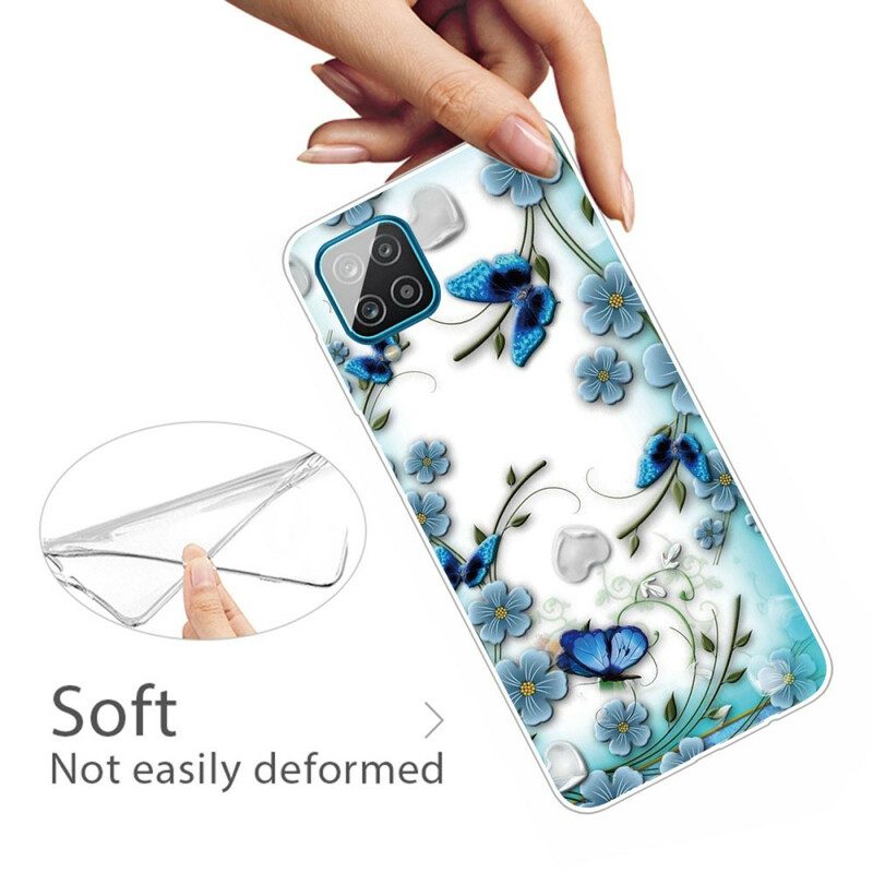 Cover Samsung Galaxy M12 / A12 Farfalle E Fiori Retrò Senza Soluzione Di Continuità