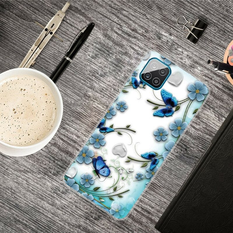 Cover Samsung Galaxy M12 / A12 Farfalle E Fiori Retrò Senza Soluzione Di Continuità