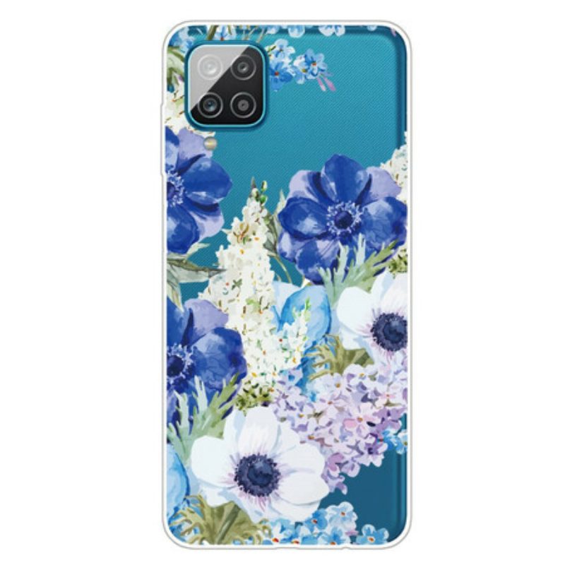 Cover Samsung Galaxy M12 / A12 Fiori Blu Dell'acquerello Senza Soluzione Di Continuità