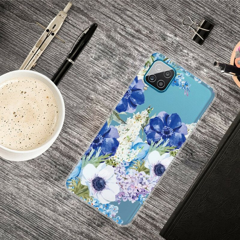 Cover Samsung Galaxy M12 / A12 Fiori Blu Dell'acquerello Senza Soluzione Di Continuità