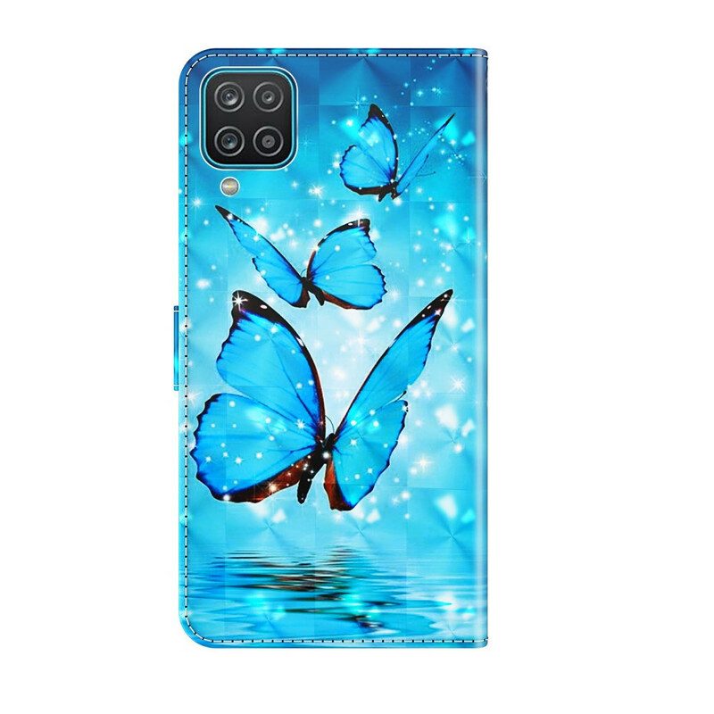 Custodia in pelle Samsung Galaxy M12 / A12 Farfalle Blu Volanti