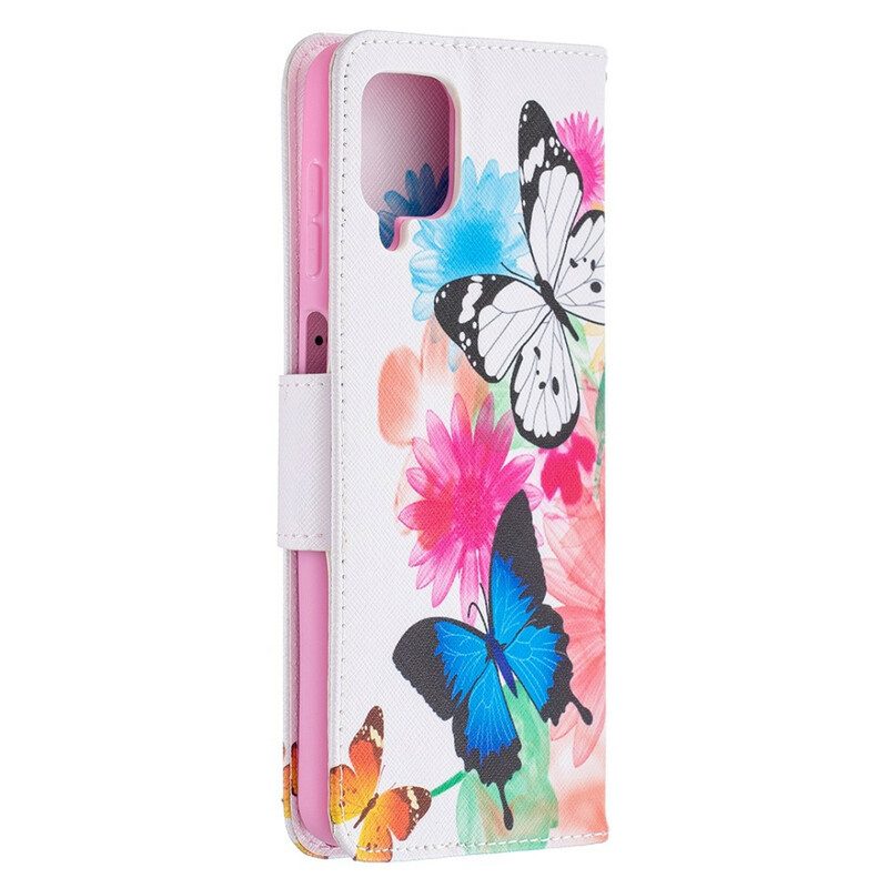 Custodia in pelle Samsung Galaxy M12 / A12 Farfalle E Fiori Dipinti