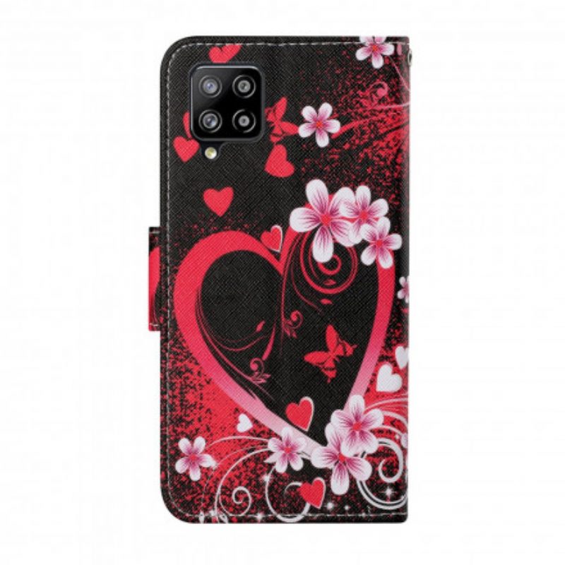 Custodia in pelle Samsung Galaxy M12 / A12 Fiori E Cuori Con Cordino