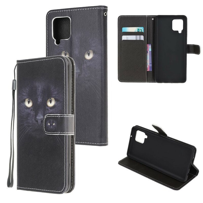 Custodia in pelle Samsung Galaxy M12 / A12 Strappy Occhi Di Gatto Nero