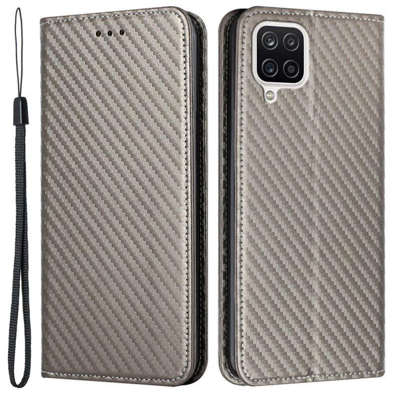 Folio Cover Samsung Galaxy M12 / A12 Custodia in pelle Cinturino In Fibra Di Carbonio