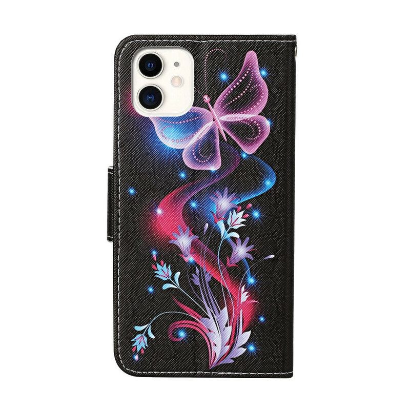 Custodia in pelle iPhone 12 / 12 Pro Farfalle E Cordino