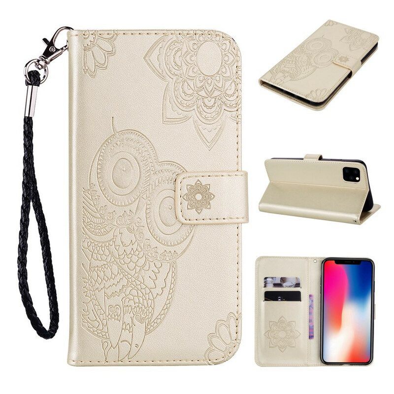 Custodia in pelle iPhone 12 / 12 Pro Gufo Mandala E Cordino