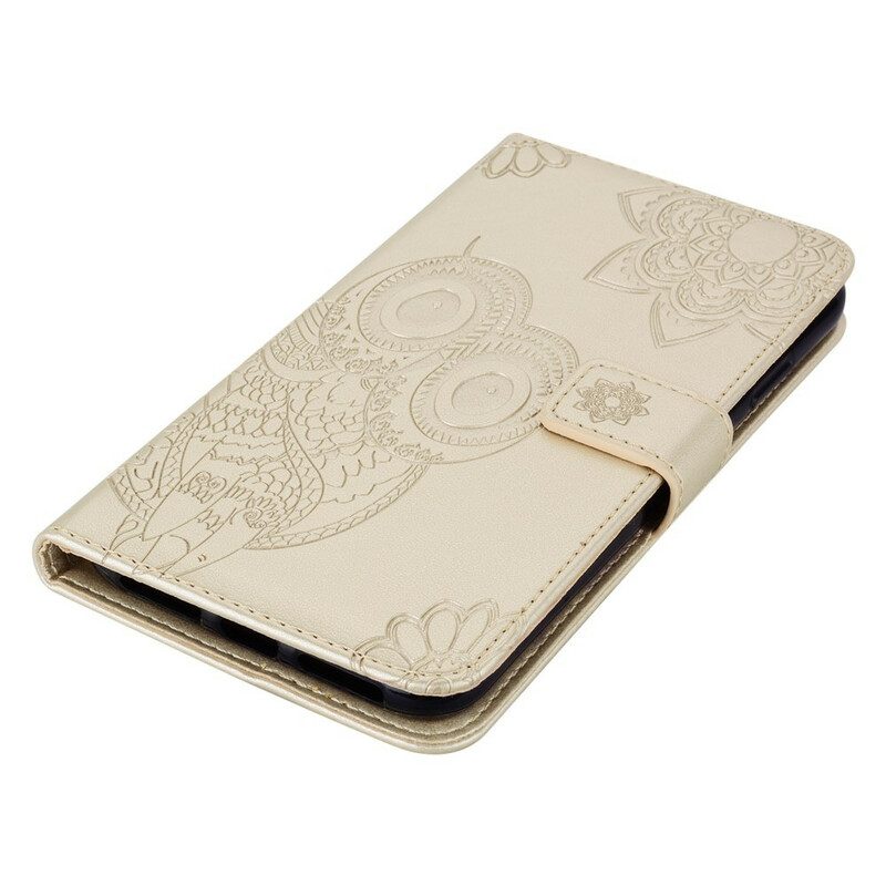 Custodia in pelle iPhone 12 / 12 Pro Gufo Mandala E Cordino