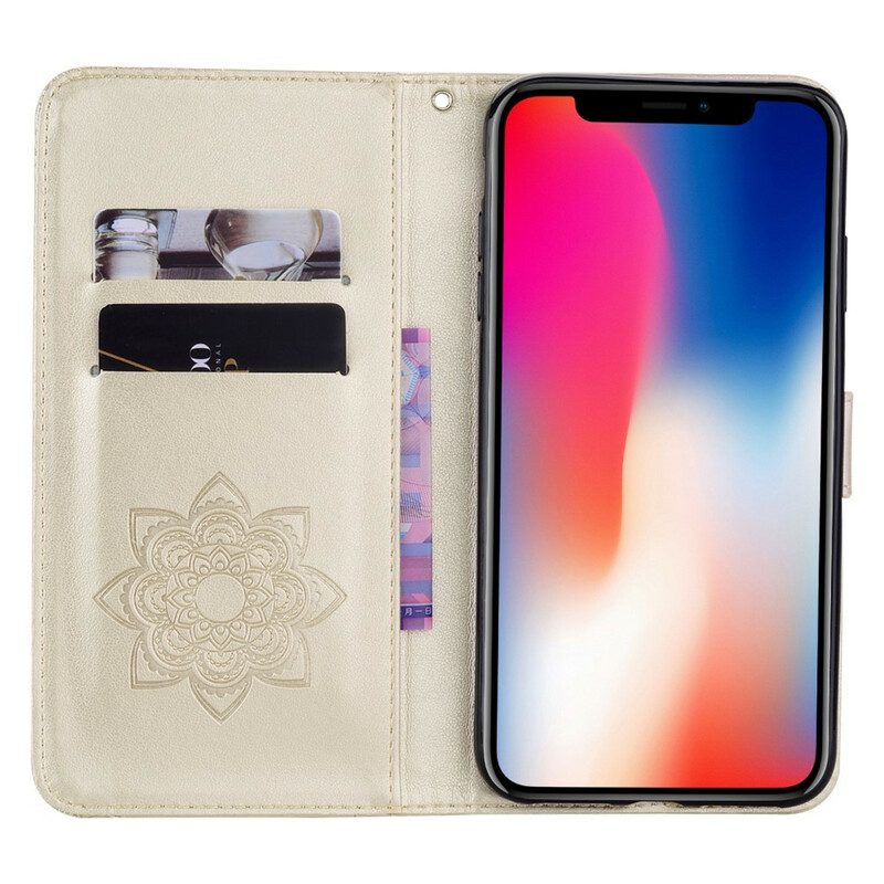 Custodia in pelle iPhone 12 / 12 Pro Gufo Mandala E Cordino